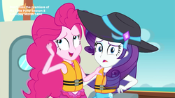 Size: 1920x1080 | Tagged: safe, screencap, pinkie pie, rarity, equestria girls, g4, my little pony equestria girls: better together, the salty sails, clothes, duo, geode of shielding, geode of sugar bombs, hat, lifejacket, magical geodes, sun hat, swimsuit