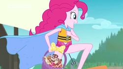 Size: 1920x1080 | Tagged: safe, screencap, pinkie pie, equestria girls, g4, my little pony equestria girls: better together, the salty sails, cape, clothes, female, food, lifejacket, solo, superhero, swimsuit