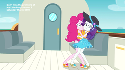 Size: 1920x1080 | Tagged: safe, screencap, pinkie pie, rarity, equestria girls, equestria girls series, g4, the salty sails, clothes, duo, hat, lifejacket, rarity's blue sarong, sarong, sun hat, swimsuit