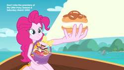 Size: 1920x1080 | Tagged: safe, screencap, pinkie pie, equestria girls, g4, my little pony equestria girls: better together, the salty sails, clothes, female, food, geode of sugar bombs, lifejacket, magical geodes, one-piece swimsuit, pinkie pie swimsuit, solo, swimsuit