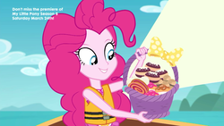 Size: 1920x1080 | Tagged: safe, screencap, pinkie pie, equestria girls, g4, my little pony equestria girls: better together, the salty sails, clothes, female, food, geode of sugar bombs, magical geodes, one-piece swimsuit, pinkie pie swimsuit, solo, swimsuit