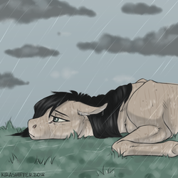 Size: 650x650 | Tagged: safe, artist:dementra369, oc, oc only, oc:kira baer, earth pony, pony, floppy ears, grass, lying, lying in grass, rain, sad, solo