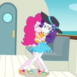 Size: 1060x1056 | Tagged: safe, screencap, pinkie pie, rarity, equestria girls, equestria girls series, g4, the salty sails, awkward, clothes, cropped, duo, feet, female, flip-flops, hug, legs, not what it looks like, rarity's blue sarong, sandals, sarong, swimsuit