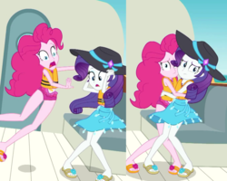 Size: 2560x2048 | Tagged: safe, screencap, pinkie pie, rarity, equestria girls, g4, my little pony equestria girls: better together, the salty sails, clothes, cropped, female, flip-flops, hat, high res, lifejacket, one-piece swimsuit, pinkie pie swimsuit, rarity's blue sarong, sandals, sarong, sun hat, swimsuit