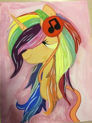 Size: 1024x1365 | Tagged: safe, artist:xxmelody-scribblexx, oc, oc only, pony, unicorn, bust, female, headphones, mare, portrait, solo