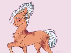 Size: 900x675 | Tagged: safe, artist:dementra369, oc, oc only, pony, butt fluff, chest fluff, eyes closed, female, horns, mare, raised hoof, simple background, smiling, solo