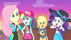 Size: 1366x768 | Tagged: safe, screencap, applejack, fluttershy, rainbow dash, rarity, aww... baby turtles, equestria girls, g4, my little pony equestria girls: better together, belly button, cap, clothes, curvy, female, fluttershy's wetsuit, hat, hips, midriff, rarity's purple bikini, reaction image, sarong, shorts, sun hat, swimsuit, wetsuit
