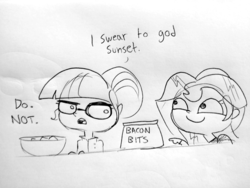 Size: 1920x1440 | Tagged: safe, artist:tjpones, sci-twi, sunset shimmer, twilight sparkle, equestria girls, g4, bacon, bacon bits, black and white, clothes, dialogue, female, food, glasses, grayscale, hair bun, innuendo, lesbian, lineart, meat, monochrome, omnivore sunset, ship:sci-twishimmer, ship:sunsetsparkle, shipping, simple background, sketch, smiling, traditional art, unamused