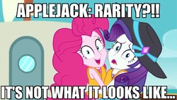 Size: 1920x1080 | Tagged: safe, edit, edited screencap, screencap, applejack, pinkie pie, rarity, equestria girls, g4, my little pony equestria girls: better together, the salty sails, clothes, female, image macro, implied lesbian, implied rarijack, implied shipping, lesbian, meme, ship:rarijack, ship:raripie, shipping, swimsuit