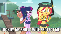 Size: 1024x576 | Tagged: safe, edit, edited screencap, screencap, sci-twi, sunset shimmer, timber spruce, twilight sparkle, equestria girls, g4, my little pony equestria girls: better together, unsolved selfie mysteries, beach, beach shorts swimsuit, belly button, bikini, caption, clothes, coward, dive mask, female, image macro, lifeguard, lifeguard timber, male, meat shield, midriff, scared, shield, snorkel, sunset shimmer's beach shorts swimsuit, swimsuit, terrified, text, timber spruce drama, trio