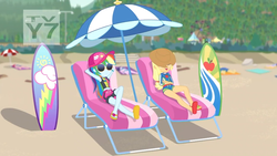 Size: 1366x768 | Tagged: safe, screencap, applejack, rainbow dash, equestria girls, g4, lost and found, my little pony equestria girls: better together, beach, clothes, crossed legs, feet, female, flip-flops, hat, legs, sandals, sexy, sunglasses, surfboard, swimsuit