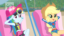 Size: 1366x768 | Tagged: safe, screencap, applejack, rainbow dash, human, equestria girls, g4, lost and found, my little pony equestria girls: better together, applejack's beach shorts swimsuit, applejack's hat, arm behind head, belly button, clothes, cowboy hat, female, geode of super speed, geode of super strength, hat, magical geodes, midriff, rainbow dash's beach shorts swimsuit, sunglasses, swimsuit