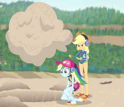 Size: 875x752 | Tagged: safe, screencap, applejack, rainbow dash, equestria girls, g4, my little pony equestria girls: better together, animation error, beach, clothes, female, hat, legs, sandals, swimsuit