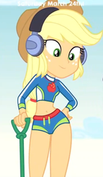 Size: 392x670 | Tagged: safe, screencap, applejack, equestria girls, equestria girls series, g4, lost and found, belly button, clothes, cocked hip, curvy, hand on hip, hips, legs, midriff, shovel, swimsuit