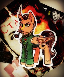 Size: 1798x2160 | Tagged: safe, artist:das_leben, alicorn, pony, clothes, communism, curved horn, facial hair, horn, josef stalin, male, moustache, pipe, ponified, solo, soviet, stallion, traditional art