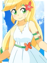 Size: 768x1024 | Tagged: safe, artist:erufi, applejack, equestria girls, equestria girls specials, g4, my little pony equestria girls: better together, my little pony equestria girls: spring breakdown, beautiful, blonde, clothes, cute, dress, female, hatless, headband, jackabetes, looking at you, missing accessory, solo