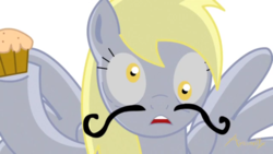 Size: 1334x750 | Tagged: safe, derpy hooves, pegasus, pony, g4, asdfmovie, asdfmovie5, facial hair, female, food, moustache, muffin, solo, youtube link