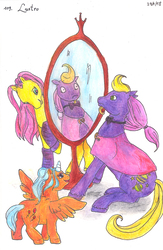 Size: 1605x2463 | Tagged: safe, artist:lege-artis, baby lofty, princess crystal, princess trixiebelle, g2, mirror, traditional art