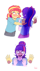 Size: 1678x2979 | Tagged: safe, artist:0ndshok, sci-twi, sunset shimmer, twilight sparkle, equestria girls, g4, blushing, clothes, duo, female, glasses, kabedon, lesbian, looking at each other, nervous, ship:sci-twishimmer, ship:sunsetsparkle, shipping, shirt, shorts, simple background
