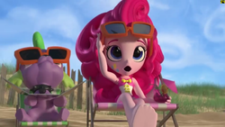 Size: 1920x1080 | Tagged: safe, screencap, pinkie pie, spike, spike the regular dog, dog, equestria girls, g4, my little pony equestria girls: better together, barefoot, beach adventures, beach fun, doll, equestria girls minis, feet, fraps, hasbro, scared, shocked, sunglasses, toy, trailer, youtube link