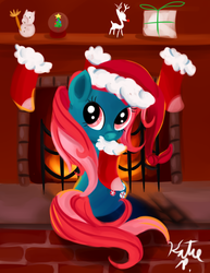 Size: 1024x1325 | Tagged: safe, artist:aclockworkkitten, minty, pony, g3, g4, christmas, christmas stocking, female, fireplace, g3 to g4, generation leap, hat, holiday, mouth hold, present, santa hat, solo