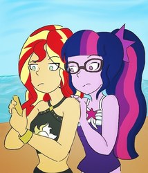 Size: 717x837 | Tagged: safe, artist:horsegirlpodcast, sci-twi, sunset shimmer, twilight sparkle, equestria girls, g4, my little pony equestria girls: better together, beach, bikini, clothes, female, lesbian, ocean, sand, ship:sci-twishimmer, ship:sunsetsparkle, shipping, swimsuit