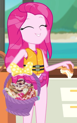 Size: 540x862 | Tagged: safe, screencap, pinkie pie, equestria girls, equestria girls series, g4, the salty sails, basket, beautiful, clothes, cream puff (food), cropped, cute, cuteamena, diapinkes, female, food, geode of sugar bombs, grin, lifejacket, long hair, pinkamena diane pie, smiling, solo, swimsuit, wet hair