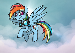 Size: 1754x1240 | Tagged: safe, artist:rambopvp, rainbow dash, pegasus, pony, cloud, female, flying, looking at you, mare, sky, solo, sun, wings
