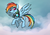 Size: 1754x1240 | Tagged: safe, artist:rambopvp, rainbow dash, pegasus, pony, g4, cloud, female, flying, looking at you, mare, sky, solo, sun, wings