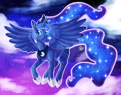 Size: 671x530 | Tagged: safe, artist:thepipefox, princess luna, pony, g4, cloud, color porn, eyestrain warning, female, jewelry, sky, solo, spread wings, tiara, wings