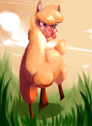 Size: 1600x2200 | Tagged: safe, artist:leolevahn, paprika (tfh), alpaca, them's fightin' herds, cloven hooves, community related, female, smiling, solo, tongue out