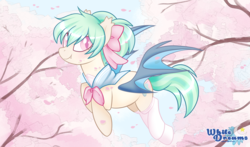 Size: 2500x1470 | Tagged: safe, artist:xwhitedreamsx, oc, oc only, oc:starboard, bat pony, pony, bat pony oc, bow, clothes, commission, female, flying, hair bow, looking at you, mare, slit pupils, smiling, socks, solo, tree