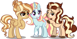 Size: 6619x3381 | Tagged: safe, artist:kojibiose, oc, oc only, oc:cremora latte, oc:strawberry soufflé, oc:waffle cone, pegasus, pony, unicorn, g4, absurd resolution, female, mare, simple background, transparent background