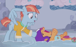 Size: 657x407 | Tagged: safe, screencap, scootaloo, windy whistles, pegasus, pony, g4, parental glideance, animated, clothes, cloud, covering ears, cute, cutealoo, duo, eeee, excited, eyebrows, eyes closed, fangirling, female, filly, flailing, flapping, freckles, frustrated, helmet, kicking, mare, saddle bag, screaming, shirt, wing hands, wings
