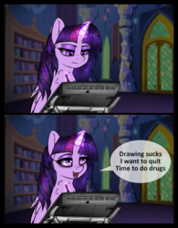 Size: 1667x2140 | Tagged: safe, artist:duop-qoub, twilight sparkle, alicorn, pony, descended twilight, g4, bags under eyes, bookshelf, cintiq, comic, dark circles, door, drawing, drawing tablet, drugs, ethereal mane, female, funny, highlight sparkle, levitation, magic, magic aura, mare, relatable, smiling, speech bubble, starry mane, telekinesis, this will end in pain, twilight sparkle (alicorn), twilight's castle, wings