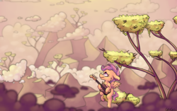 Size: 7016x4394 | Tagged: safe, artist:cutepencilcase, scootaloo, pegasus, pony, g4, absurd resolution, bass guitar, cloud, commission, female, filly, guitar, left handed, looking up, musical instrument, scootabass, sitting, solo, tree