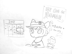 Size: 1920x1440 | Tagged: safe, artist:tjpones, oc, oc only, earth pony, pony, brony stereotype, button, calendar, fedora, grayscale, hat, humie, lineart, male, monochrome, my little human, plushie, poster, role reversal, simple background, solo, stallion, stubble, traditional art, white background