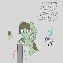 Size: 4000x4000 | Tagged: safe, artist:lofis, oc, oc:ohm, confident, electricity, flying, male, male symbol, mechanical claw, omega, reference sheet, signature, smiling, stallion, technical illustration, wires