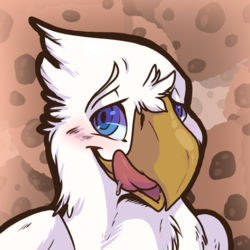 Size: 512x512 | Tagged: safe, artist:apes, oc, oc only, oc:der, griffon, blushing, bust, cookie, food, licking, licking lips, male, portrait, solo, that griffon sure "der"s love cookies, tongue out