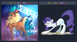 Size: 516x286 | Tagged: safe, artist:bluefeathercat, artist:coldtrail, rarity, velvet (tfh), deer, pony, reindeer, unicorn, derpibooru, them's fightin' herds, g4, community related, ice, juxtaposition, meta, open mouth, tongue out