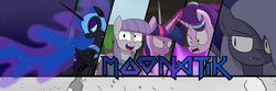 Size: 2250x746 | Tagged: safe, artist:moonatik, maud pie, nightmare moon, starlight glimmer, twilight sparkle, oc, oc:selenite, alicorn, pony, g4, angry, banner, fire, forest, irrational exuberance, looking at you, moon, night, out of character, ragelight glimmer, smiling, tree, twilight sparkle (alicorn)