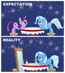 Size: 2656x3008 | Tagged: safe, artist:themexicanpunisher, trixie, twilight sparkle, pony, unicorn, g4, 2 panel comic, abstract background, bedroom eyes, comic, drink, duo, duo female, ego, expectation vs reality, female, high res, lesbian, letter, lidded eyes, looking at each other, looking at someone, love letter, mare, mirror, narcissism, seat, selfish, ship:twixie, shipping, smiling, stars, table, tablecloth, text, trixtrix, unicorn twilight, versus