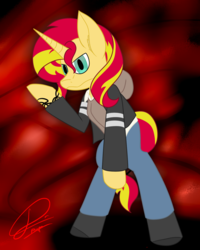 Size: 1024x1280 | Tagged: safe, artist:dr-papa, sunset shimmer, pony, unicorn, g4, [prototype], alex mercer, bipedal, clothes, crossover, female, solo
