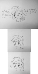 Size: 1920x3696 | Tagged: safe, artist:tjpones, rainbow dash, rarity, pegasus, pony, unicorn, g4, bust, comic, dialogue, duo, ear fluff, existential crisis, female, floppy ears, grayscale, insensitivity, lineart, mare, monochrome, sad, simple background, traditional art