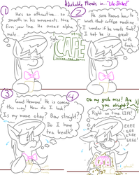 Size: 4779x6013 | Tagged: safe, artist:adorkabletwilightandfriends, octavia melody, earth pony, pony, comic:adorkable twilight and friends, g4, absurd resolution, adorkable, adorkable friends, blushing, cafe, comic, cute, dork, eeee, embarrassed, food, humor, lineart, offscreen character, slice of life, spill, tavi, tea, wet, wet bowtie