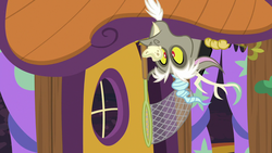 Size: 1280x720 | Tagged: safe, screencap, discord, draconequus, discordant harmony, g4, butterfly net, butterfly sandwich, couch, cute, discord's house, discute, food, male, sandwich, solo, upside down