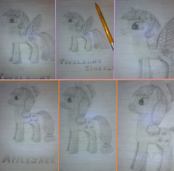 Size: 1884x1844 | Tagged: safe, artist:valeriethepunkgirl, applejack, twilight sparkle, alicorn, earth pony, pony, g4, female, irl, lined paper, mare, pencil, pencil drawing, photo, traditional art, twilight sparkle (alicorn)