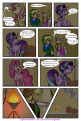 Size: 1200x1800 | Tagged: safe, artist:yogfan, applejack, fluttershy, pinkie pie, starlight glimmer, hylian, pony, comic:but i do now, equestria girls, g4, arrow, barrel, comic, crossover, link, princess zelda, the legend of zelda, torch