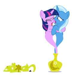 Size: 478x490 | Tagged: safe, artist:navitaserussirus, trixie, twilight sparkle, genie, asktwixiegenies, g4, cropped, female, lesbian, ship:twixie, shipping
