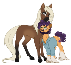 Size: 3281x3000 | Tagged: safe, artist:askbubblelee, oc, oc only, oc:cocoa nutt, oc:peter nutt, earth pony, pony, saddle arabian, beard, clothes, coat markings, couple, facial hair, facial markings, female, high res, husband and wife, larger female, looking at each other, male, mare, married couple, oc x oc, realistic anatomy, realistic horse legs, redesign, shipping, shirt, simple background, size difference, smiling, socks (coat markings), stallion, star (coat marking), straight, transparent background, unshorn fetlocks